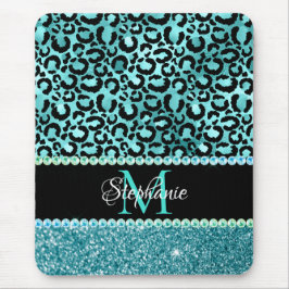 Schwarz/Blau Aquamarin Leopard Girly Glam Monogram Mousepad