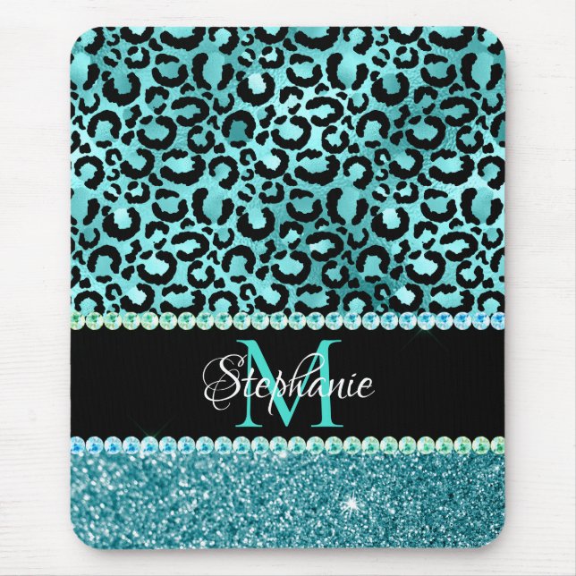 Schwarz/Blau Aquamarin Leopard Girly Glam Monogram Mousepad (Vorne)