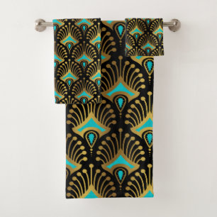 Schwarz-Blau-Art-Deco-Muster Badhandtuch Set