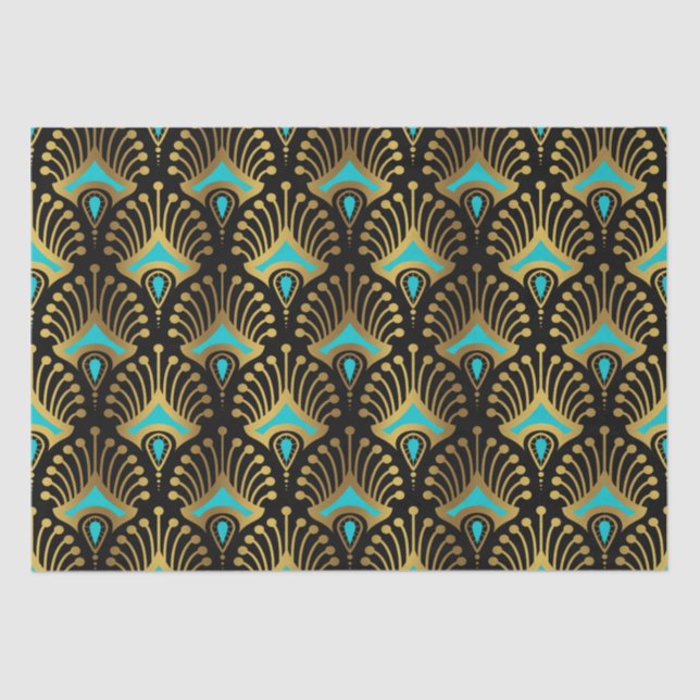 Schwarz-Blau-Art-Deco-Muster Seidenpapier (Vorderseite)