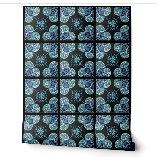 Schwarz-Blau-Fliesenmuster Vinyl Tapete (Abrollen)