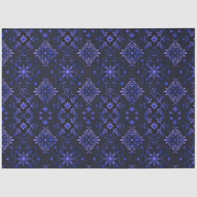 Schwarz-Blau-Flora-Schneeflocken Weihnachten Seidenpapier (Vorderseite)