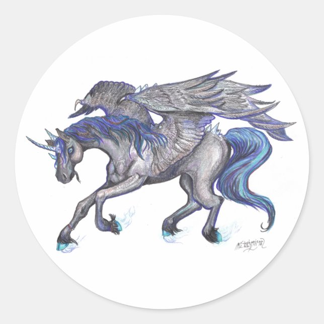 Schwarz-Blau-Flügel-Einhorn Runder Aufkleber (Vorderseite)