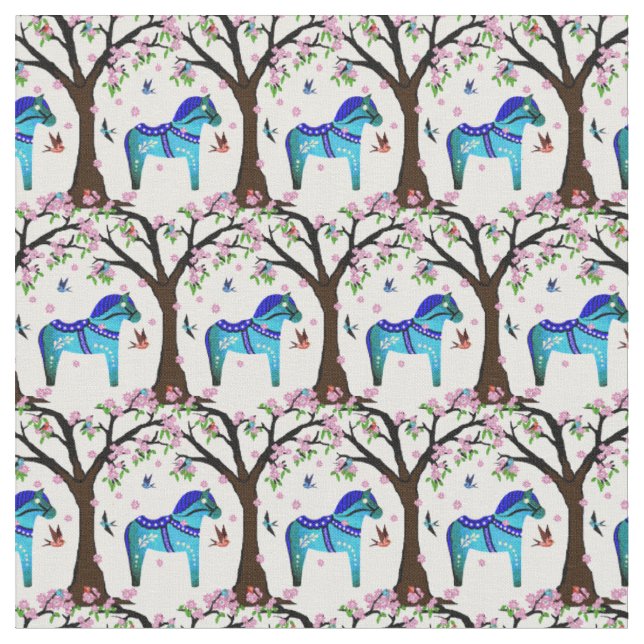 Schwarz/Blau Folk Dala Pferd/Folkvögel/Blume Stoff (Nahaufnahme)