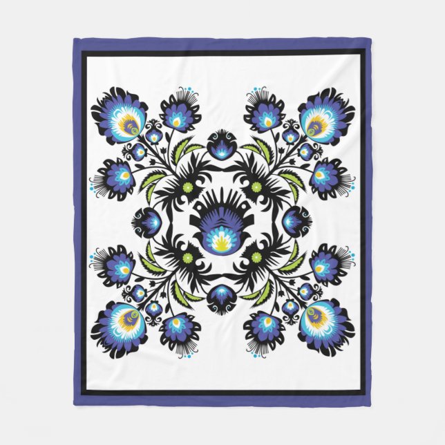 🖤💙 Schwarz-Blau-Folklorekomposition auf Weiß Fleecedecke (Vorderseite)