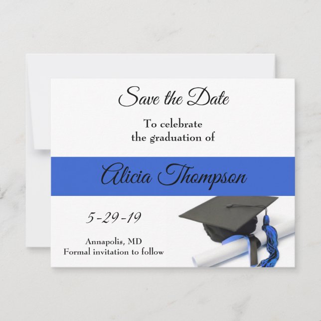 Schwarz-Blau-Graduierungskappe und Tassel Save The Date (Vorderseite)