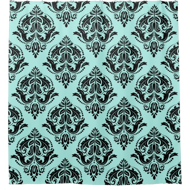 Schwarz-Blau-Grün-Damaskus-Muster Duschvorhang (Vorderseite)