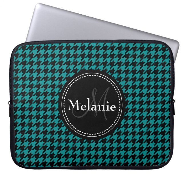Schwarz-Blau-Hahnentrittmuster Mit Monogramm Muste Laptopschutzhülle (Vorderseite)