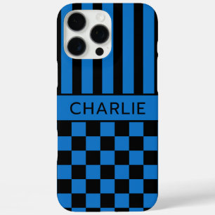Schwarz-blau kariert gestreift Personalisiert iPhone 16 Pro Max Hülle