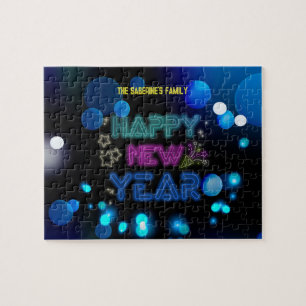 Schwarz & Blau Midnight Sparkle Neon Glow Neujahr  Puzzle