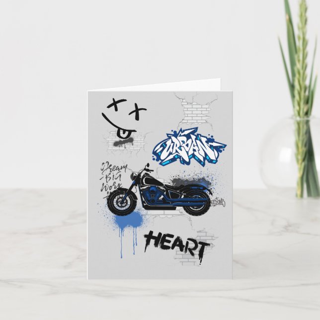 Schwarz-Blau-Motorradgraffiti grau Einladung (Vorderseite)