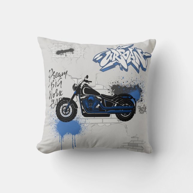 Schwarz-Blau-Motorradgraffiti grau Kissen (Vorderseite)