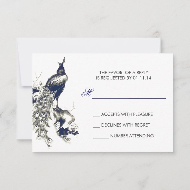 Schwarz-Blau Pfau zeichnend Hochzeitskarten RSVP Karte (Vorderseite)