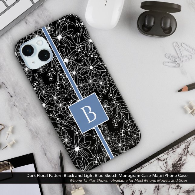Schwarz-Blau-Sketch-Monogramm Case-Mate iPhone Hülle (Dark Floral Sketch Look Pattern. Black Flowers with Light Blue Monogram Case-Mate iPhone Case)