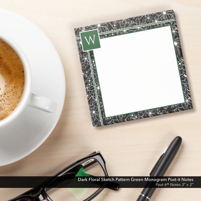 Schwarz-Blau-Sketch-Muster Schwarz-Grün-Monogramm Post-it Klebezettel (Dark Floral Black and White Sketch Pattern Post-it Notes with Green Monogram)