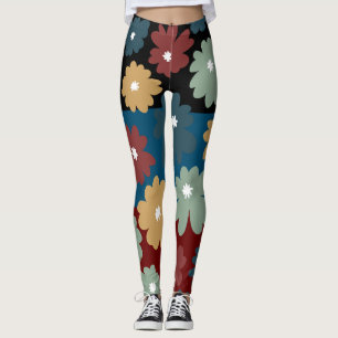 Schwarz-Blau und Bordeaux-Blumenbilder in drei Tön Leggings