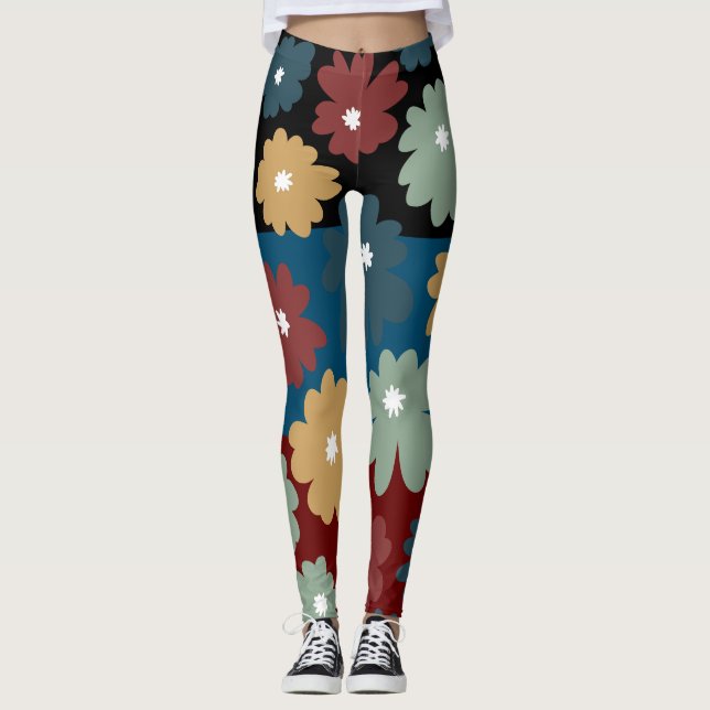 Schwarz-Blau und Bordeaux-Blumenbilder in drei Tön Leggings (Vorderseite)