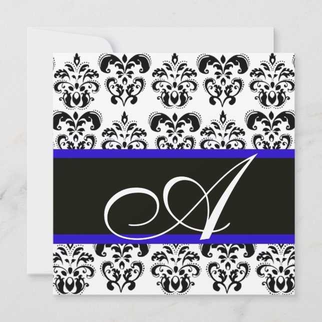 SCHWARZ, BLAU UND WEISS CHAMPAGNE DAMASK MONOGRAMM EINLADUNG (Vorderseite)