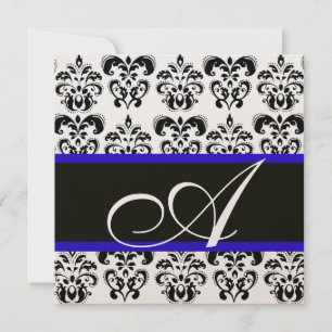 SCHWARZ, BLAU UND WEISS CHAMPAGNE DAMASK MONOGRAMM EINLADUNG