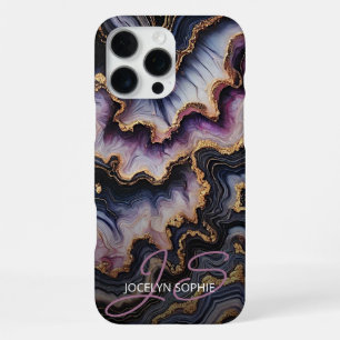Schwarz Blau Violett Lila Gold Marmor Kunst Muster iPhone 16 Pro Max Hülle