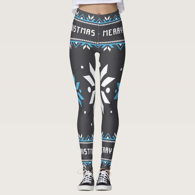 Schwarz/Blau Weihnachtsschneeflocke Leggings (Vorderseite)