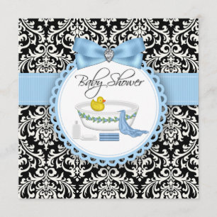 Schwarz-blaue Damast-Badezeit-Baby-Party Einladung