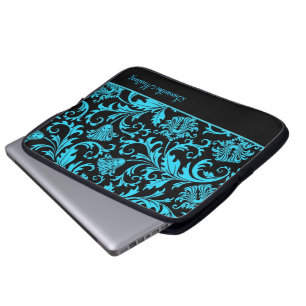 Schwarz-blaue Vintage-Blumendamast-Monogramm Laptopschutzhülle