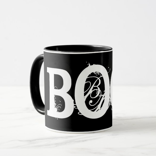 Schwarz "BOO!" Halloween Coffee Tasse (Vorderseite Links)