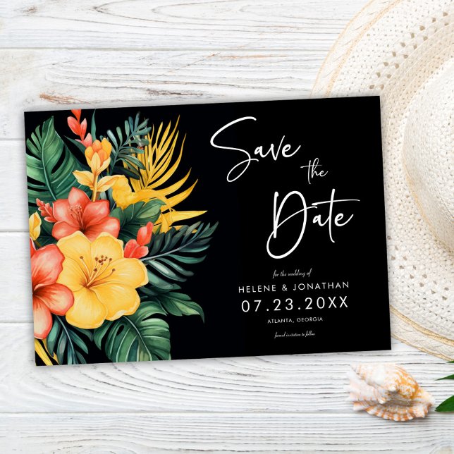 Schwarz-Botanische Hochzeit Save The Date (Floral Black Botanical Tropical Wedding Save The Date)