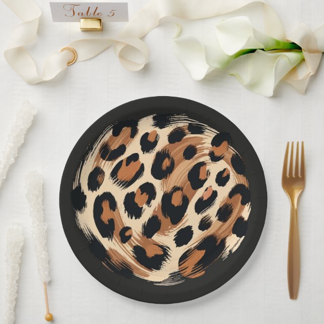 Schwarz Braun Creme Gemalt Leopard Tier Print Pappteller (Hochzeit)