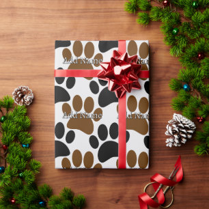 Schwarz-Braun-Dog-Paw Print Individuelle Name Geschenkpapier