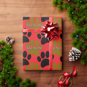 Schwarz/Braun Dog Paw Print Individuelle Name Red Geschenkpapier