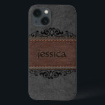 Schwarz-Braun-Leder-Schwarz-Blütenakzente iPhone 13 Hülle<br><div class="desc">Bild von Vintagem,  gealtertem,  schwarz und braun gestepptem Leder mit schwarzem dekorativem Blumenakzent und anpassbarem Monogramm.</div>