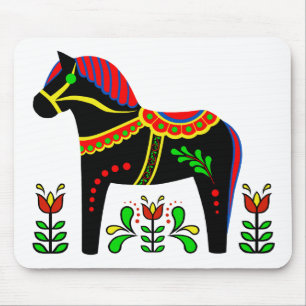 Schwarz/bunt Folk Dala Pferd/Schwarz Friesian Mousepad