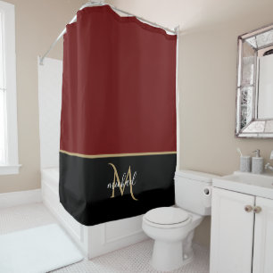 Schwarz   Burgund & Gold Monogram Eleganter Luxus Duschvorhang