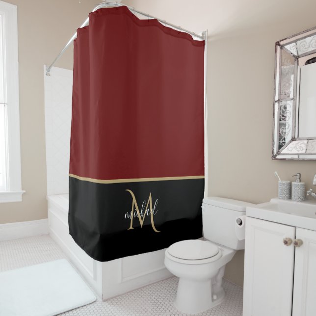 Schwarz | Burgund & Gold Monogram Eleganter Luxus Duschvorhang (Beispiel)
