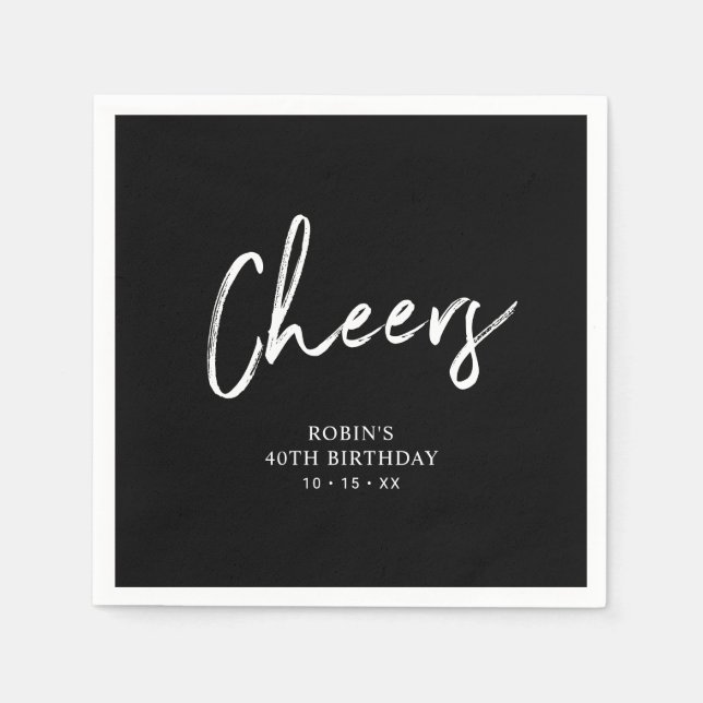 Schwarz | Cheers Brush Script Adult Geburtstagspar Serviette (Vorderseite)
