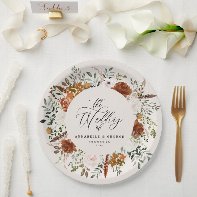 Schwarz Chic Terracotta floral elegant modern Pappteller (Hochzeit)