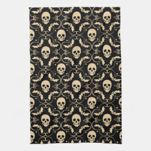 Schwarz-Creme-Halloween-Skulls und -Fledermäuse Geschirrtuch