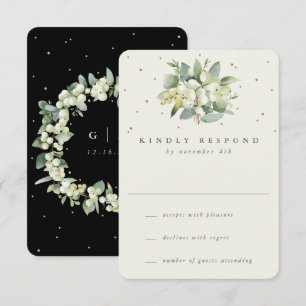 Schwarz/Creme Schneebeere+Eukalyptus Hochzeit RSVP Karte