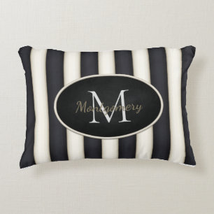 Schwarz-Creme Streifen Oval Gerahmte Monogramm Dekokissen