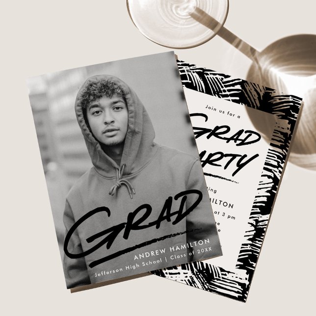 Schwarz | Dashed Foto Graduation Party Einladung (Von Creator hochgeladen)