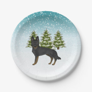 Schwarz-Deutscher-Schäferhund-Winterwald-Bäume-Bla Pappteller