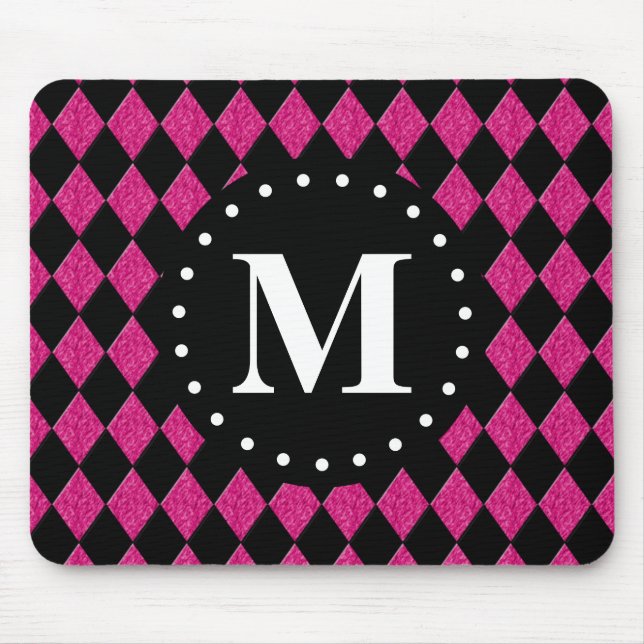 Schwarz-Diamant-Monogramm in Hot Pink Mousepad (Vorne)