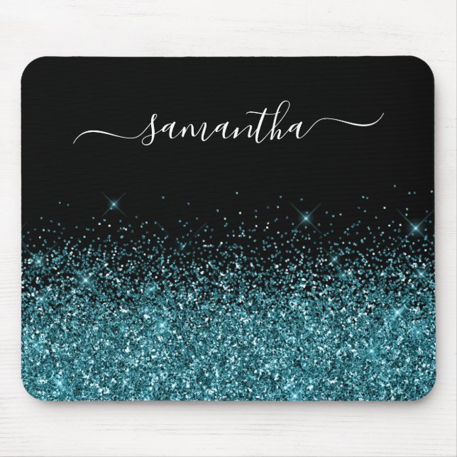 Schwarz/Dunkel Aquamariner Glitzer Eleganter Name Mousepad (Vorne)