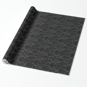 Schwarz/Dunkel-graue Monotones Floral Damasks Geschenkpapier