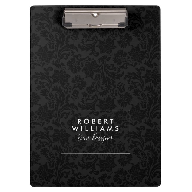 Schwarz-Dunkelgrau-Floral-Damaskus-Muster Klemmbrett (Vorderseite)