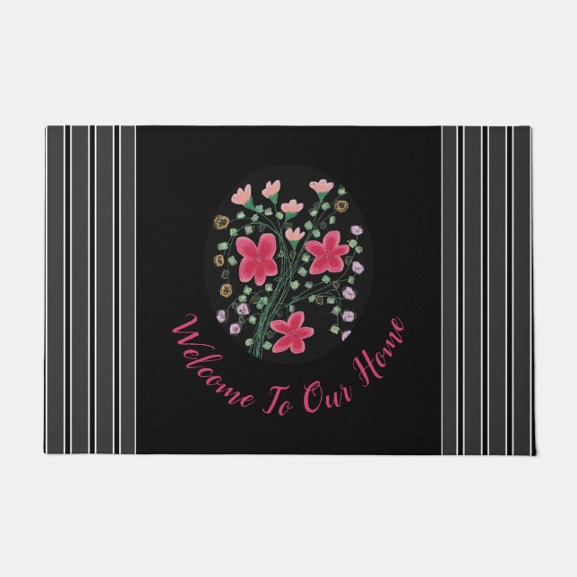 Schwarz Dunkelgrau und Fuchsia Flower Accented Fußmatte (Vorderseite)