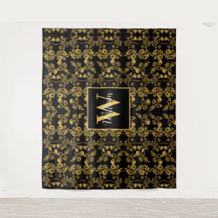 Schwarz-einfarbiges Monogram-Gold-Floral-Druckmust Wandteppich