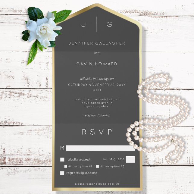 Schwarz Elegant Modernes Monogram Dinner All In One Einladung (Von Creator hochgeladen)